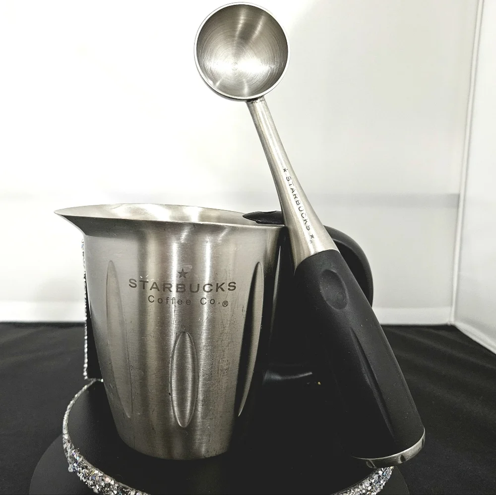 STARBUCKS Barista Set milk frother coffee scoop stainless pitcher GUC 20 oz